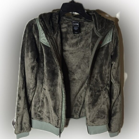 NWT North Face Dark Olive Green W/ coral accents full zip furry Hoodie. Women XS - Picture 2 of 8